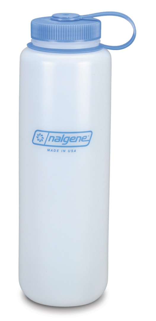 Nalgene 1 L Wide Mouth HDPE. White Bottle with Blue Cap.