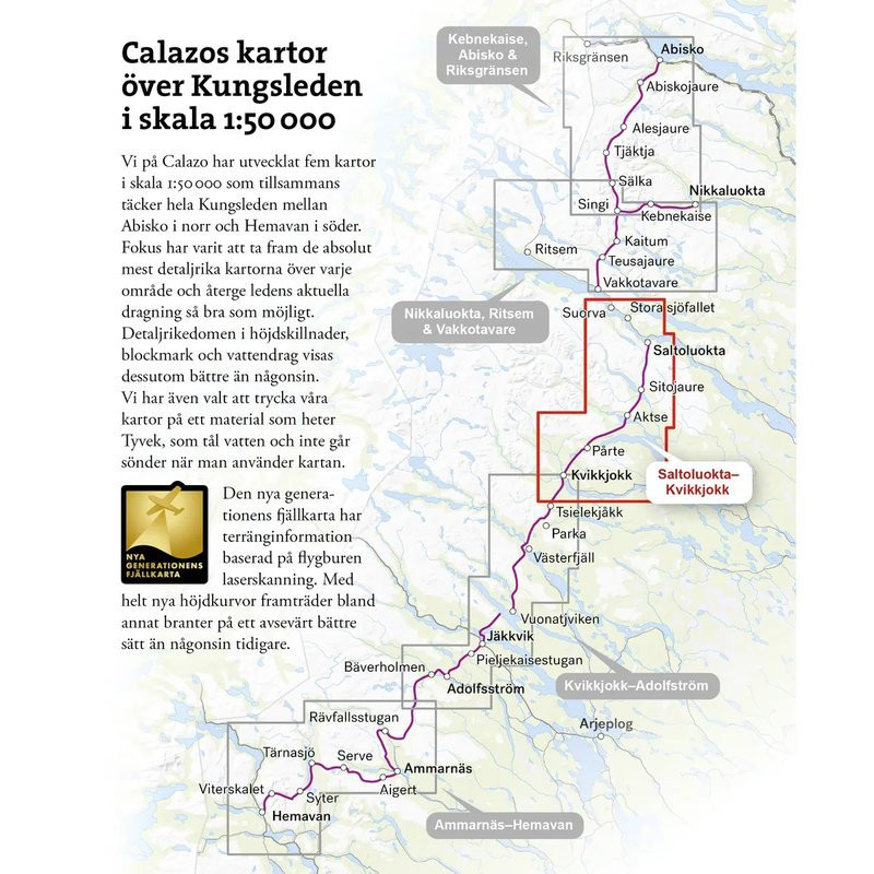 Carte randonnée Kungsleden : Saltoluokta–Kvikkjokk - 1:50 000 - Calazo