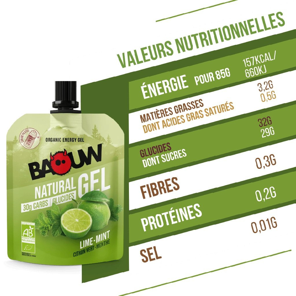 Gel énergétique bio pour efforts intenses Baouw Natural Gel Citron Vert - Menthe