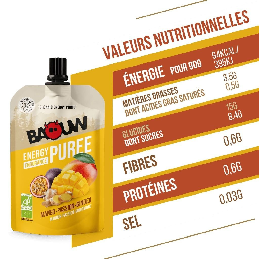 Energy compote for trail running and hiking Baouw Purée Organic Mango Passion Ginger