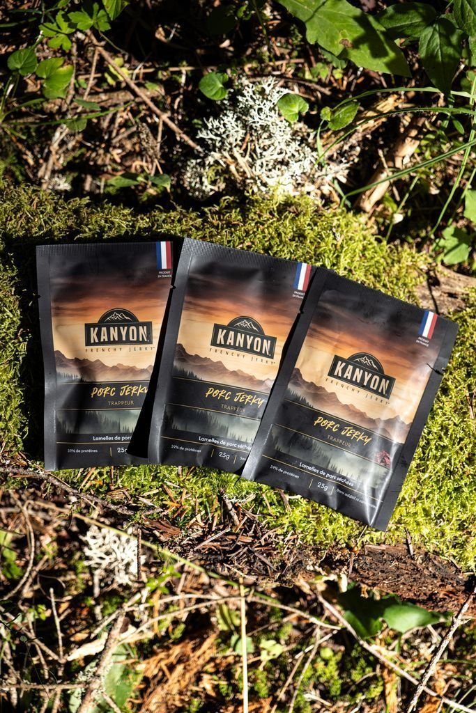 High-protein dried meat snacks Kanyon Jerky Porc Trappeur 25g