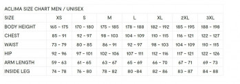 Dimensions - Aclima size chart