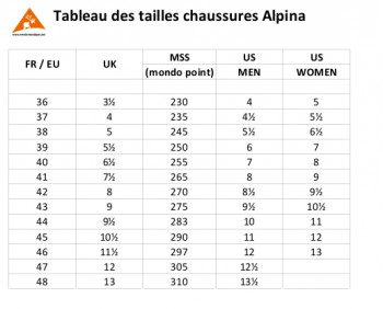 Dimensions Chaussures Alpina Alaska XP - Xplore